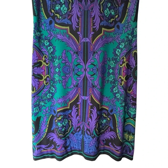 DONNA MORGAN NWOT 3/4 SLEEVE GEOMETRIC PRINT DRESS BLACK AQUA PURPLE | SIZE: 6 - Picture 6 of 8